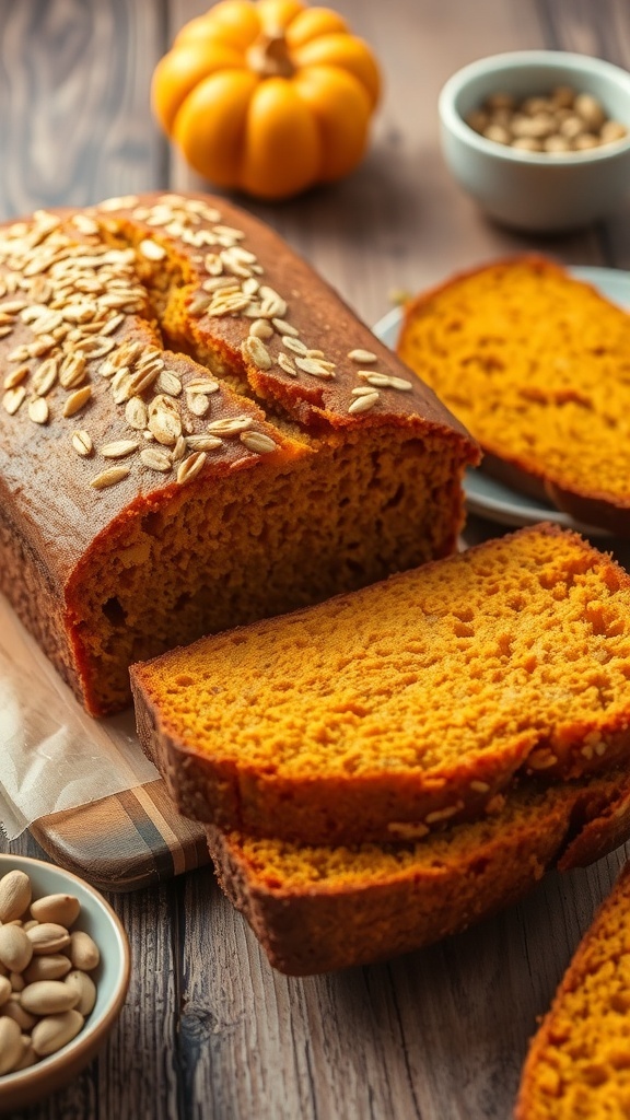Nourishing Pumpkin Bread for Lactation A loaf of pumpkin bread sliced on a wooden table, showcasing its moist texture, with pumpkin seeds and oats on top.